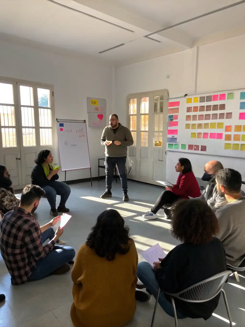 A professional, high-quality photo of a branding workshop session with B2B manufacturing clients, showcasing collaborative brainstorming and brand strategy development.