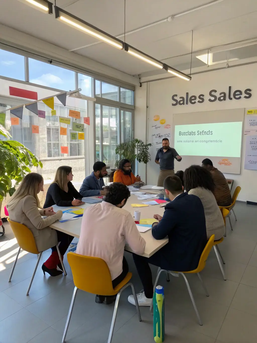 A photo of a sales team using sales enablement tools and resources, such as presentations and case studies, to effectively engage with prospects.
