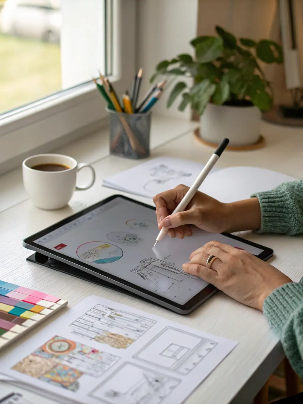 A close-up shot of a designer's hands working on a brand identity mockup on a digital tablet, showcasing logo variations and color palettes, in a modern office setting.