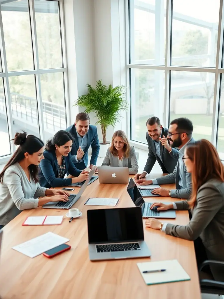 A team of sales professionals collaborating around a table, reviewing sales materials and discussing strategies, with laptops and tablets displaying sales data and customer insights.